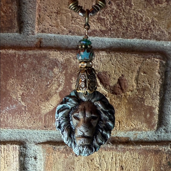 artisan ceramic Lion Pendant & glass beaded Necklace